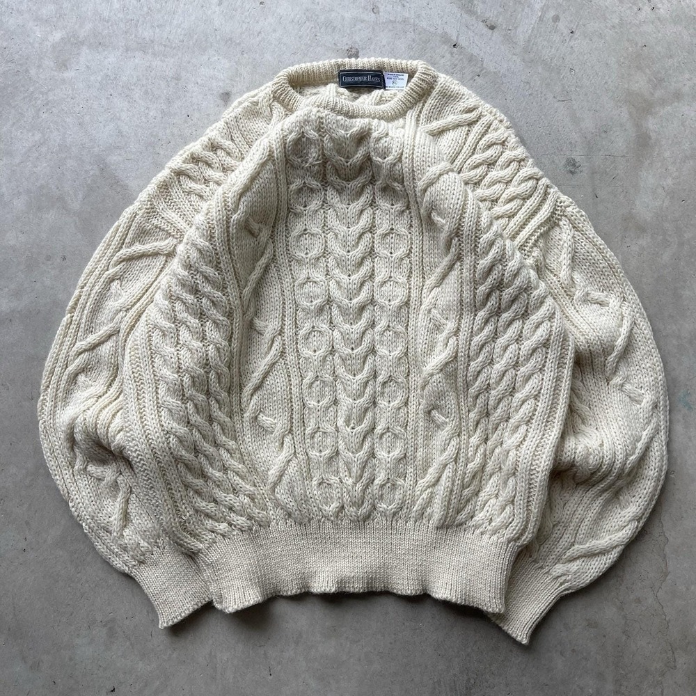 Vintage 80s Christopher Hayes Aran Sweater Wool Fisherman Cable Hand Knit XL